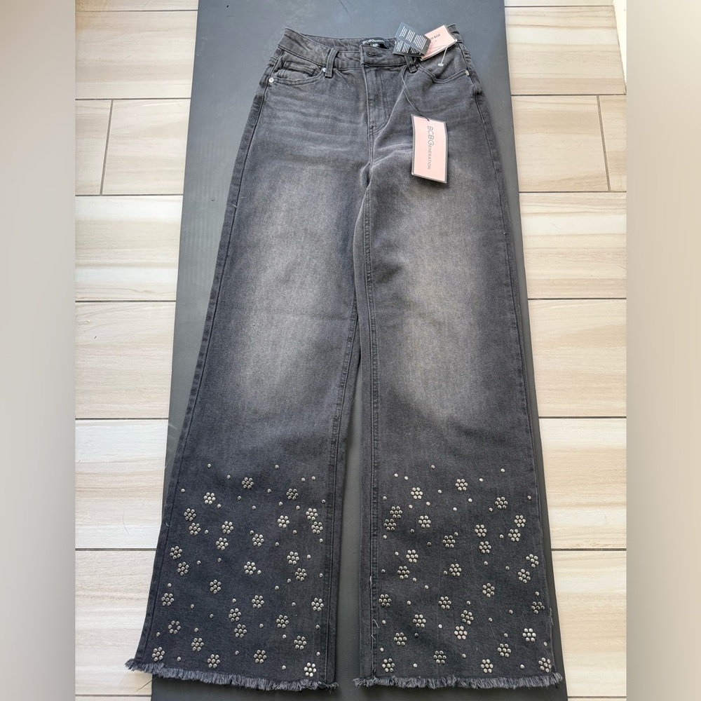 BCBGeneration Dark Gray Flare Jeans with Studded Details